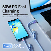 Câble de charge rapide 4 en 1 PD 60W, cordon de charge en silicone hautement élastique pour téléphone L et Type C, tablette, ordinateur portable