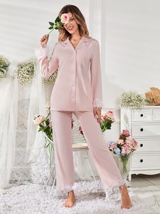 Venta al por mayor Pijamas Mujer Fiesta Fuzzy Detalle <span class=keywords><strong>Pijama</strong></span> Botón Frente Contraste Tubería Pluma Viscosa De Bambú Pijamas - Product Image 2