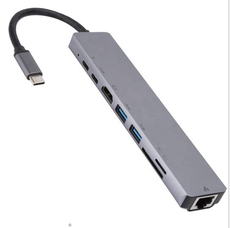Hub Usb-C 8 in 1 RJ45 LAN PD HDTV 4K 30hz SD TF Card Reader Universal 8-Port Powered Usb 3.0/Usb C Hub
