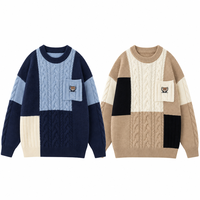 Pull en maille torsadée patchwork 12GG en laine et acrylique pour homme, col rond, anti-boulochage, hiver, échantillon rapide, usine source OEM personnalisée