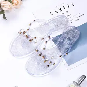 2023 Modische Frauen Outdoor Beach Slip On Transparente Kristalls chuhe Jelly Flip Flop Für Damen