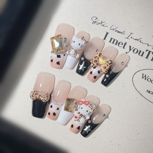 Luxo 3D Olá <span class=keywords><strong>Kitty</strong></span> Padrões com Encantos Nails Art Leopard Print Dicas francesas Pressione as unhas para meninas - Product Image 1