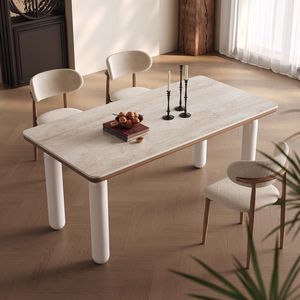 Nordic Style Slab Dining <b>Table</b> And Chair Set <b>Solid</b> <b>Wood</b> Marble <b>Top</b> Rectangular Modern Cream Colored For Small Homes - Product Image 4