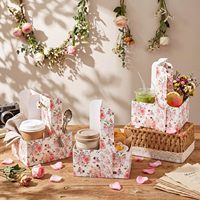 Tempat Hadiah Bunga Desain Floral Lipat dan Dapat Dirakit, Pembawa 2 Cangkir Minuman dengan Pegangan Mudah Dibawa untuk Pernikahan, Pesta, dan Hadiah