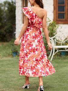 Abito Midi Floreale Monospalla con Volant da Donna, Stile Europeo Americano, Vita Sottile con Laccetti, Orlo a Balze a Strati, Vestito Estivo Casual - Product Image 2