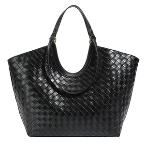 Ladies Fashion Woven Texture Tote <b>Bag</b> Big Capacity Shoulder Handbag With <b>Gold</b> Metal Hardware - Product Image 4