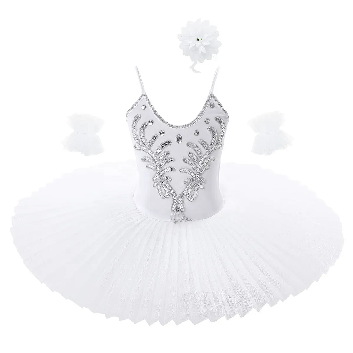 Robe Tutu de Ballet professionnelle pour enfants, avec manches, ensemble de pinces à cheveux, tenue de danse en forme de cygne, perles en paillettes, 12 pièces