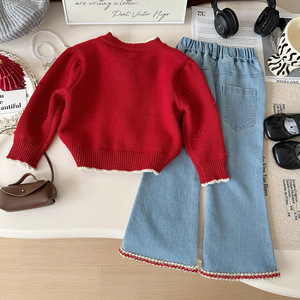 2025 primavera nuova ragazza 2 pezzi vestito rosso a maglia Cardigan moda Denim <span class=keywords><strong>pantaloni</strong></span> e vestito per le ragazze - Product Image 5