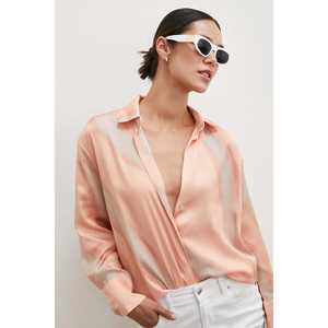 Elegante Camisa de Satén para Mujer, Color Salmón, Cuello en V, Capa Transparente, Estilo Informal - Product Image 6