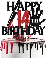 Décoration de gâteau Joyeux 14ème Anniversaire à Paillettes Noires, Thème Halloween Zombie Vampire Saignant, Anniversaire Horreur d'Halloween