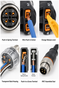 Konektor M12 4-Pin Push-In yang Dapat Disambungkan di Lapangan dengan Isolasi PVC untuk Mesin Elektronik dan Aplikasi Sensor/Aktuator IP67 - Product Image 2