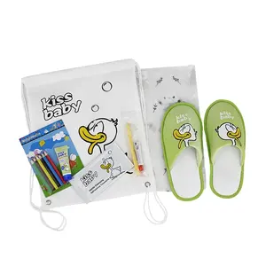 Custom Package Mini Travel Size Disposable Slippers Bathroom Kit With Bag Cute Kids Organic Airplane Hotel Amenities Set