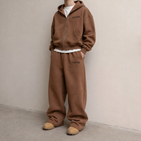 Ensemble de survêtement personnalisé pour homme, marron et blanc, colorblock, coupe ample, deux pièces, avec sweat à capuche zippé et pantalon zippé