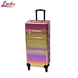 Multifunction Cosmetic Case Custom Professional Colorful Makeup Train Case 4 In 1 Rolling Professional Portable Case