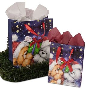 Bolsas de regalo de Navidad 8 "* 4" * 10 "Bolsa de regalo de osos de Navidad con asas están hechas de cinta de satén rojo suave a juego - Product Image 2