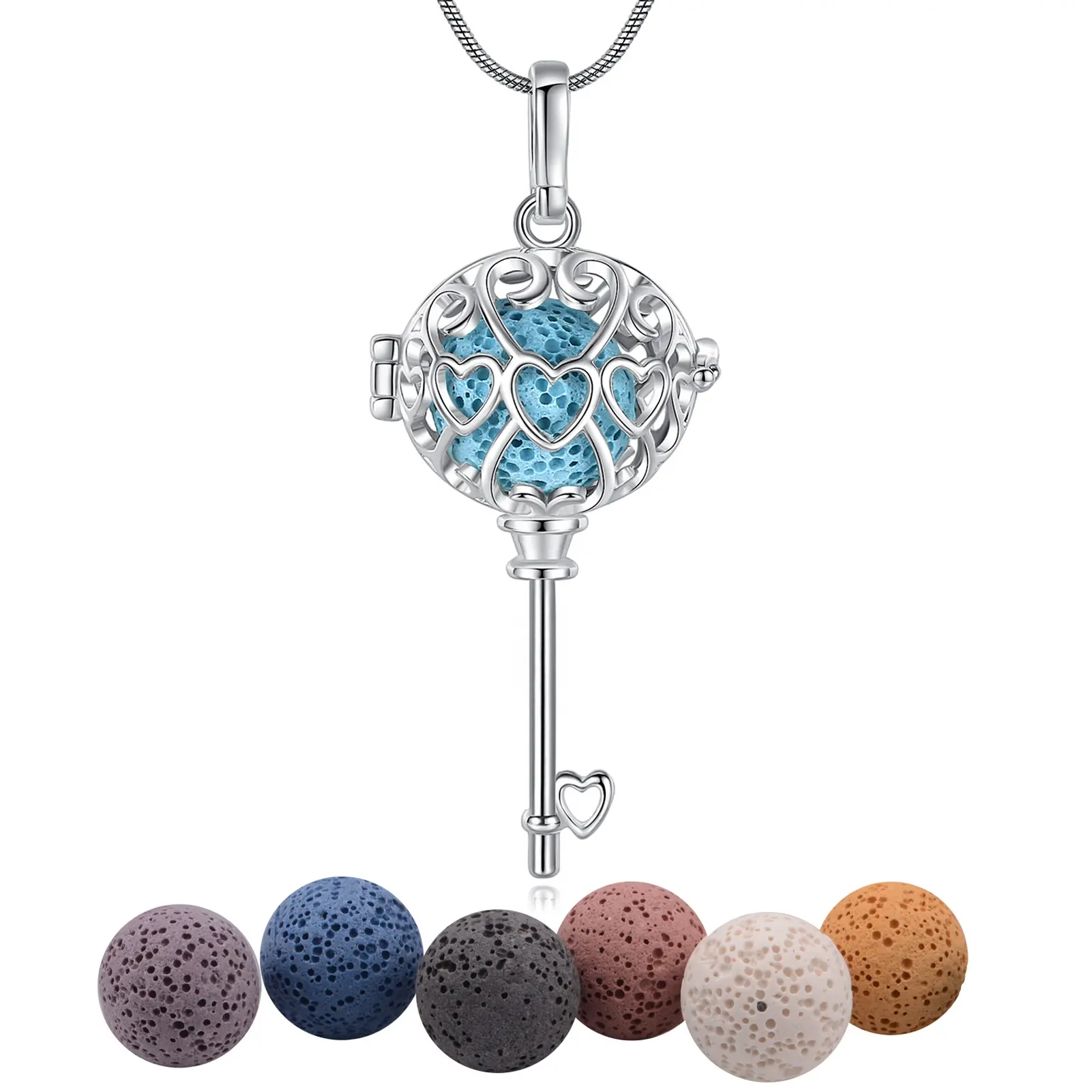 Isunni Key Shape Cage S925 Sterling Silver Lava Rock Aromatherapy Locket Pendant Necklace for Women