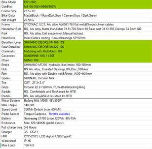 Bicicleta Eléctrica EC1 de Montaña con Motor Central, Cuadro de Fibra de Carbono, Frenos de Disco Hidráulicos, Batería de Litio, Bicicleta Deportiva Todoterreno Ecológica - Product Image 6