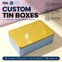 Boîte rectangulaire en fer blanc bleu pour biscuits, personnalisable, avec couvercle, couleur jaune moutarde, vente en gros, usine OEM ODM, impression personnalisée