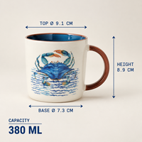 Tasse à café en céramique personnalisée sur le thème de la vie marine, imprimé crabe, poisson, corail, avec intérieur bleu, pour café de plage, vaisselle de bar