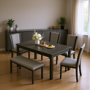 Moderno Juego de Comedor de 6 Piezas con Mesa de Madera, Banco y Sillas Grises, Muebles Duraderos para Cocina y Comedor - Product Image 2