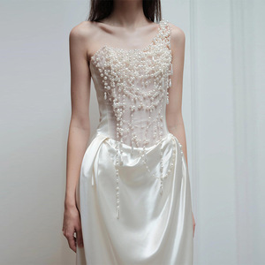 French Tube Top Evening Gown Bride Special Interest Light Luxury Satin Wedding <strong>Veil</strong> Heavy Industry Pearl <strong>Dress</strong> - Product Image 4