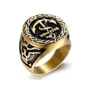 Men's Gold Plated Anchor <b>Ring</b> <b>Titanium</b> Steel Hip Hop Jewelry Gift - Product Image 4