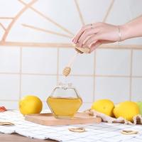 Tarro de miel hexagonal de vidrio con tapa de madera y cucharón, contenedor transparente para almacenar jarabe y mermelada, 100 ml