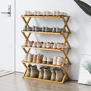 Five-tier bamboo <b>shoe</b> <b>rack</b>, simple green planter, small household <b>shoe</b> cabinet, economical dormitory doorway folding bamboo - Product Image 1
