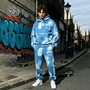 Ensemble de survêtement décontracté personnalisé pour homme, 2 pièces, avec sweat à capuche zippé imprimé numérique et pantalon évasé thermique délavé coupe courte - Product Image 5