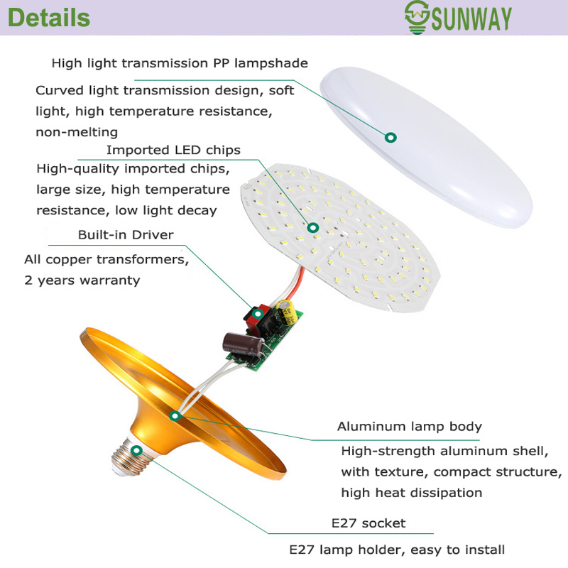 Indoor use Foshan B22 60w 20w 30w 40w 50w UFO LED bulb light E27 Aluminum+Plastic led light 3000K 4000K 6500K 7000K 10000K