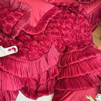 Parure de lit 4 pièces en jacquard de coton pur, style américain, grand rouge, avec volants, pour cérémonie de mariage de luxe
