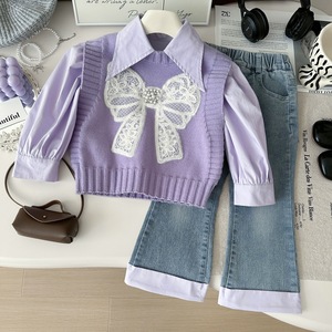 <span class=keywords><strong>Nouvelle</strong></span> <span class=keywords><strong>collection</strong></span> d'automne, gilet en tricot rétro décontracté à nœud pour filles, ensemble chemise en jean unie de style coréen, <span class=keywords><strong>haut</strong></span> et jean - Product Image 1