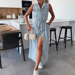 Combinaison élégante pour <span class=keywords><strong>femme</strong></span>, nouvelle mode, col à revers, ceinture, boutons, jupe longue personnalisée, combinaison en <span class=keywords><strong>jean</strong></span> pour <span class=keywords><strong>femme</strong></span>, robe en denim pour <span class=keywords><strong>femme</strong></span> - Product Image 1