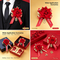 Boutonnière rouge en or rose avec ruban et feuille, motif double bonheur chinois, nouée à la main, pour marié, mariée, mariage, banquet, décoration de revers de costume