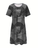 Robe Courte Décontractée Ample à Col Rond et Manches Courtes pour Femme, en Denim Imprimé Patchwork, Idéale pour les Vacances d'Été, Motifs Personnalisés ODM/OEM