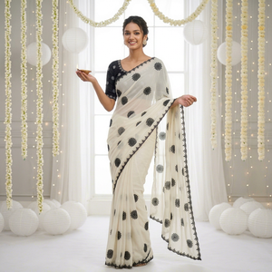 Sari de Seda con Estampado Floral Negro Crema para Mujer, Estilo Tradicional de Diwali, Estilo India-Pakistán, Largo hasta el Suelo, Corte Regular - Product Image 1