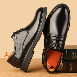 Chaussures Richelieu en cuir pour hommes, bout rond, à lacets, antidérapantes, pour mariage, couleur unie, semelle extérieure en caoutchouc, doublure en cuir véritable - Product Image 2
