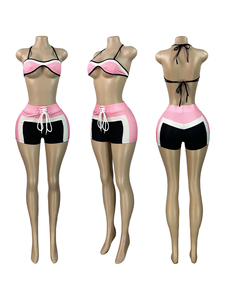 Conjunto de tres piezas de moda para mujer: top de manga larga con estampado y costuras, shorts y top corto con tirantes al pecho, ideal para el verano. - Product Image 5