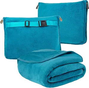 wholesale custom design portable Ultra soft and cozy office travel pillow car fleece blanket with bag set in pouch