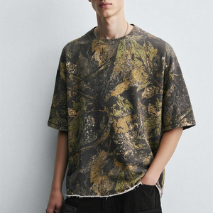 T-shirts personnalisés lourds DTG <span class=keywords><strong>T-shirt</strong></span> imprimé surdimensionné à épaules tombantes Vintage abstrait feuille Camouflage Camouflage pour hommes - Product Image 1
