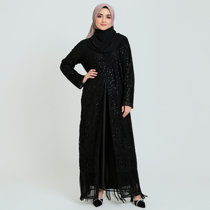 Lignes Factory Custom Black Sequin Open Abaya, Wholesale Muslim Eid Modest Evening <strong>Dress</strong> - Product Image 2