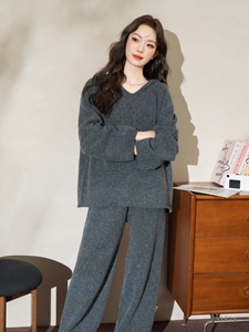 Cozy <strong>Knit</strong> Minimalist Loungewear Hooded <strong>Sweater</strong> Set Full-Length Wide-Leg Pants Women's Relaxed Home Outfit Three-Piece Suit - Product Image 4