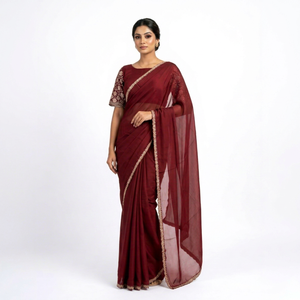 Sari de poliéster color granate con bordado dorado en el borde, para bodas, ocasiones especiales, estilo tradicional indio-pakistaní, estilo Bollywood, largo hasta el suelo. - Product Image 1