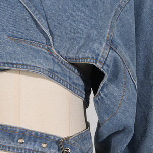 Date printemps automne hiver Unique décontracté Streetwear moto ceinture croisée évider Denim Jeans femmes culture manteaux - Product Image 5