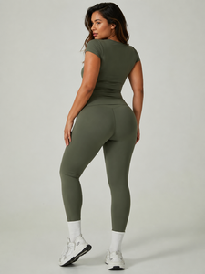 Ensemble de <span class=keywords><strong>yoga</strong></span> 2 pièces pour <span class=keywords><strong>femme</strong></span> avec logo personnalisé, col montant, leggings sans couture avant, haut à manches courtes, effet ventre plat, sensation seconde peau, <span class=keywords><strong>tenue</strong></span> de sport - Product Image 3