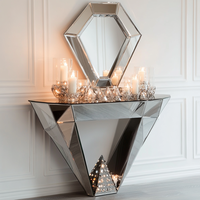 Tables consoles d'entrée modernes de haute qualité en bois, verre et cristal miroir broyé argenté pour hôtels et salons