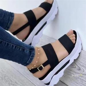 Sandales compensées HanOu pour femme, beige, en PU, à plateforme, bout ouvert, fermeture à boucle, semelle EVA amortie, légères, décontractées, été, avec coussin d'air - Product Image 3
