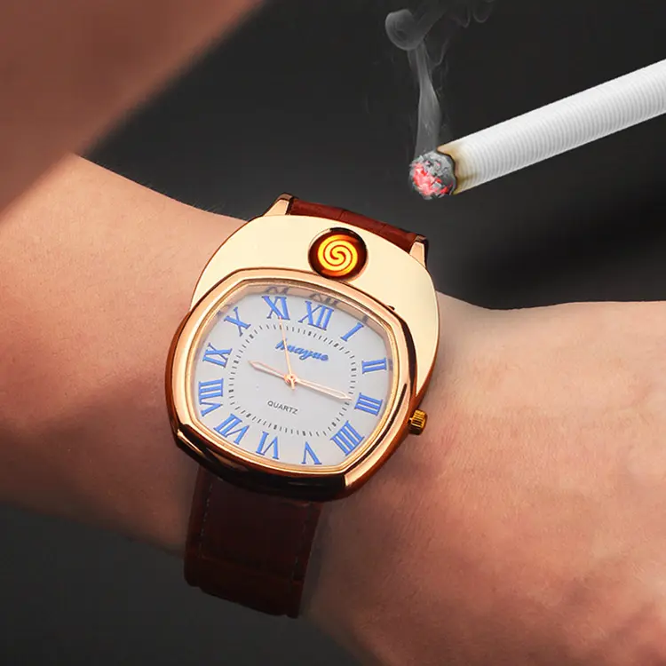 USB Lighter Watch Men's Casual Quartz Wristwatches with Windproof Flameless Cigarette Cigar Lighter