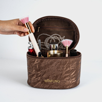 Sac de maquillage rond MINFUNG, directement de l'usine, avec poignée, en cuir PU recyclé, pochette écologique, logo personnalisé imprimé en soie