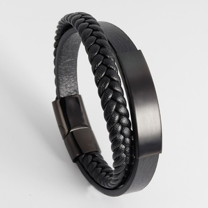 Wholesale Black Plated Hand-weaving Strand Stainless Steel Blank Bar Charm <b>Leather</b> <b>Bracelet</b> for Men - Product Image 1